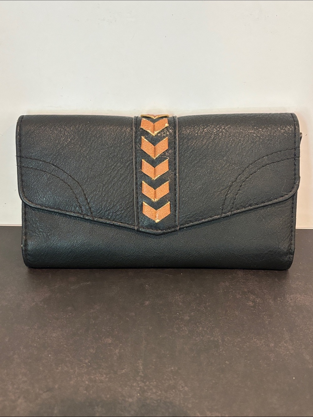 Jessica Simpson Black Flap Wallet Clutch Chevron Accent